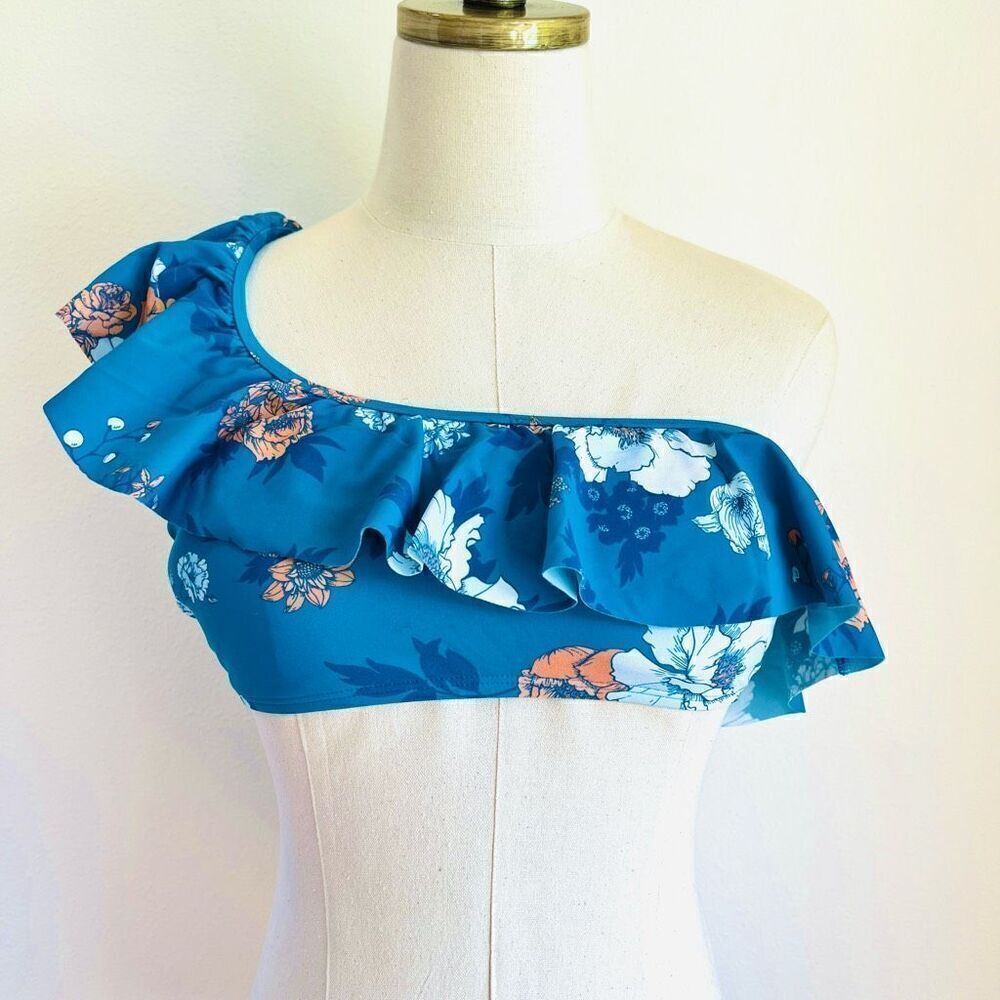 Cupshe Bikini Top Ruffled One Shoulder Blue Pink Floral Print Size Medium